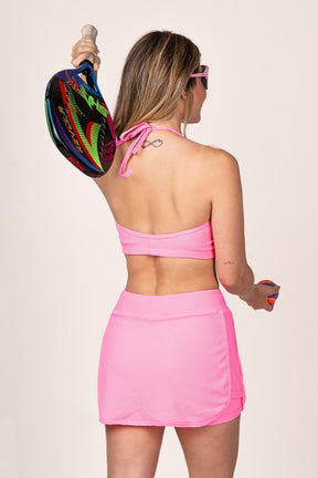 Conjunto Beach Tennis Rosa Chiclete Short-Saia e Top Pipa